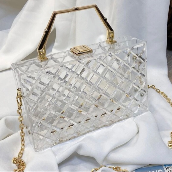 Clear Acrylic Box Clutch With Gold Metal Handle - Picture 3 of 5